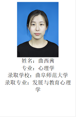  姓名：曲西茜专业：心理学录取学校：曲阜师范大学录取专业：发展与教育心理学