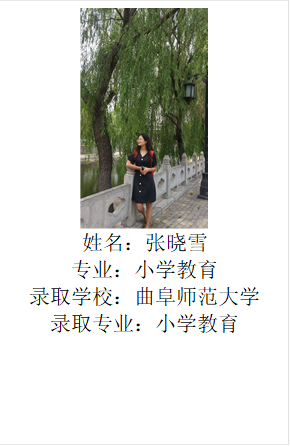  姓名：张晓雪专业：小学教育录取学校：曲阜师范大学录取专业：小学教育