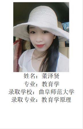  姓名：董泽贤专业：教育学录取学校：曲阜师范大学录取专业：教育学原理