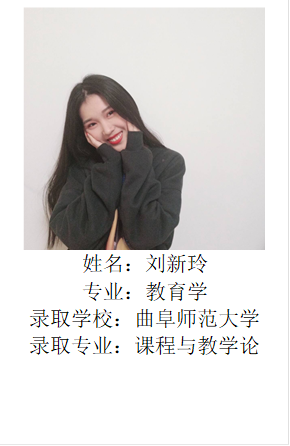  姓名：刘新玲专业：教育学录取学校：曲阜师范大学录取专业：课程与教学论