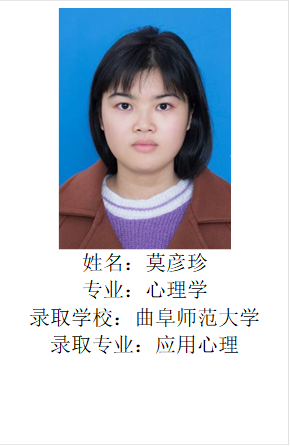  姓名：莫彦珍专业：心理学录取学校：曲阜师范大学录取专业：应用心理