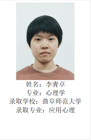  姓名：李青卓专业：心理学录取学校：曲阜师范大学录取专业：应用心理