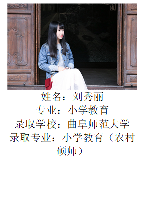  姓名：刘秀丽专业：小学教育录取学校：曲阜师范大学录取专业：小学教育（农村硕师）