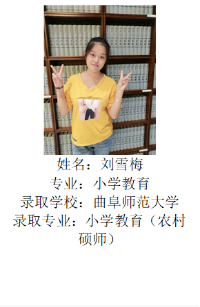 姓名：刘雪梅专业：小学教育录取学校：曲阜师范大学录取专业：小学教育（农村硕师）